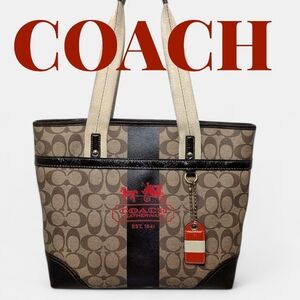 Coach 11350 Signature Stripe Tote Bag Khaki Brown Red Logo EST. 1941 Leatherware
